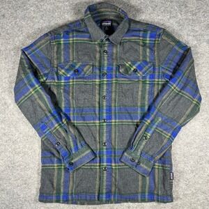 Patagonia Mens Organic Cotton Fjord Flannel Shirt Grey Blue Green Plaid Small S